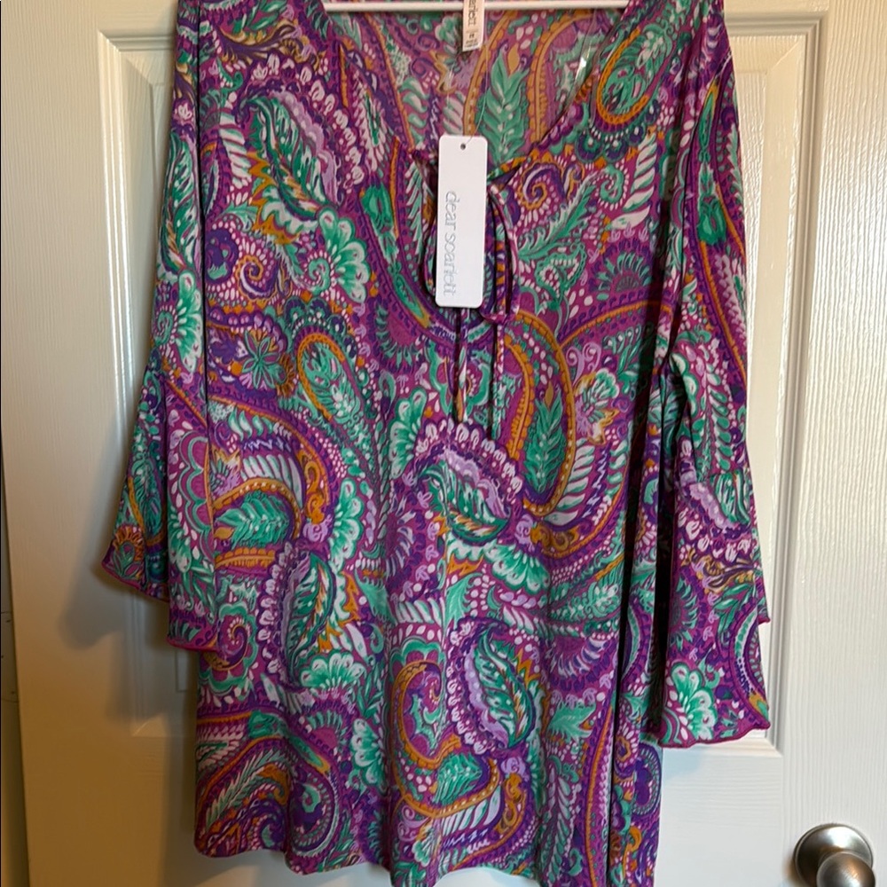 Scarlett Purple and Green Graphic Tunic with Bell Sleeves